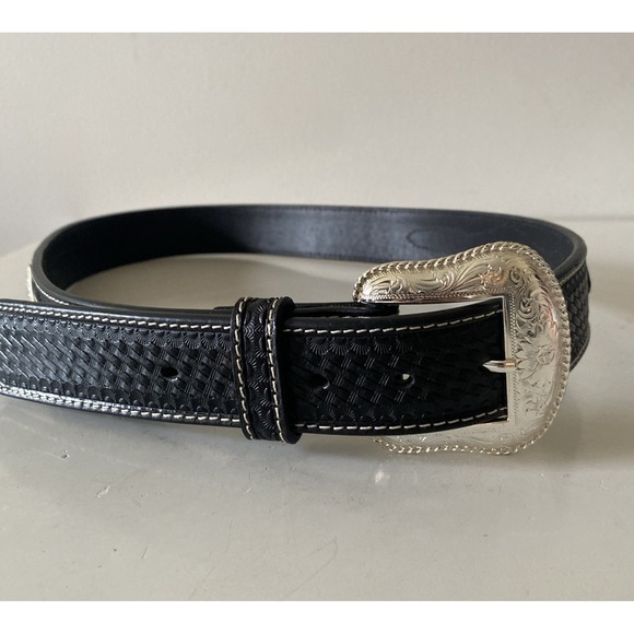 Nocona Belt Co Mens Black Genuine Leather Western Belt Silver Buckle Size 38